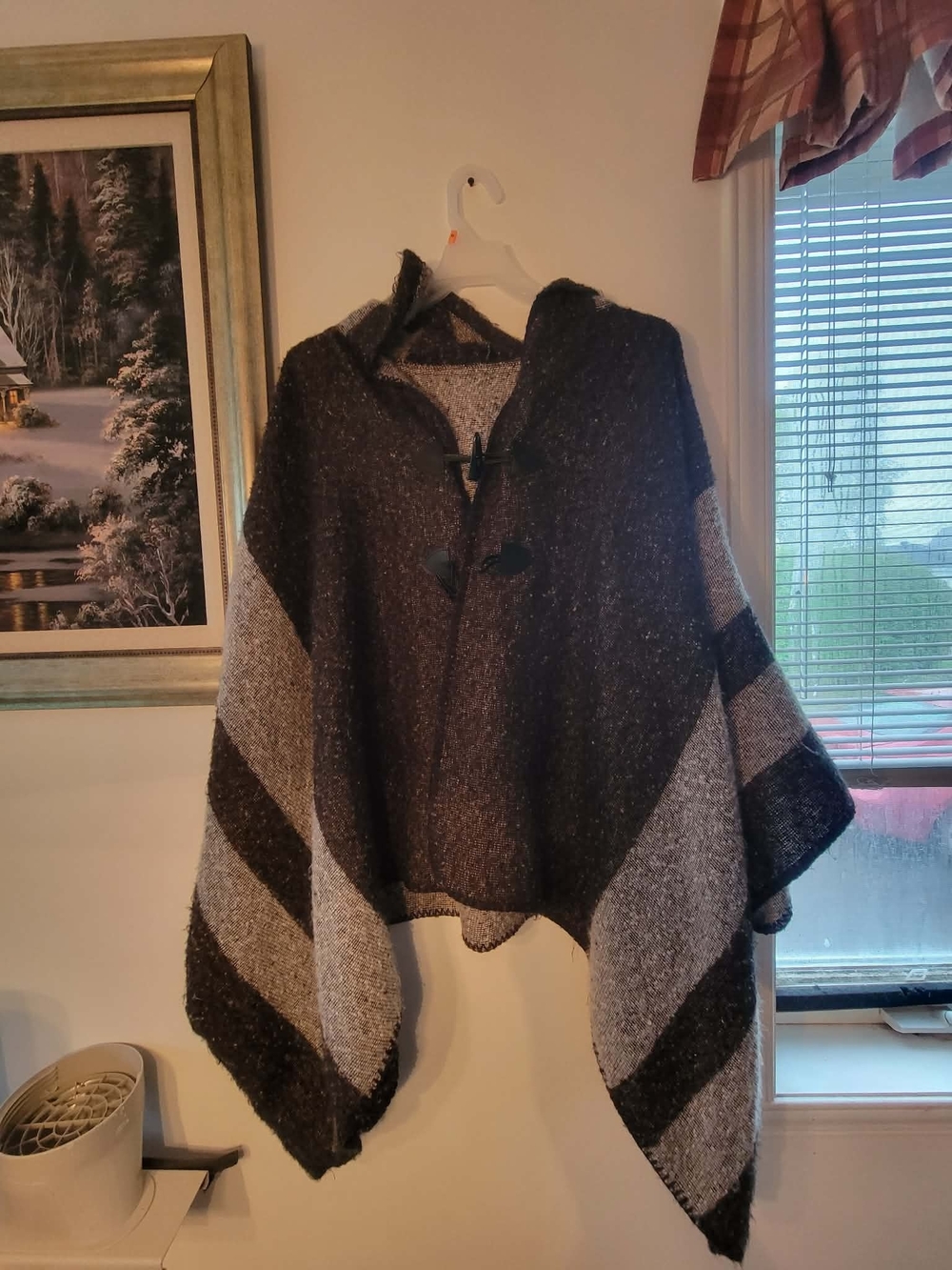 Hooded Striped Knit Poncho Sweater - Black/Grey